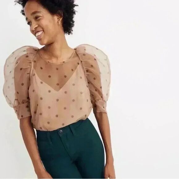 Madewell Baum Und Pferdgarten Maiko Puff-Sleeve Sheer Dot Blouse Small l US 6 - Picture 3 of 7